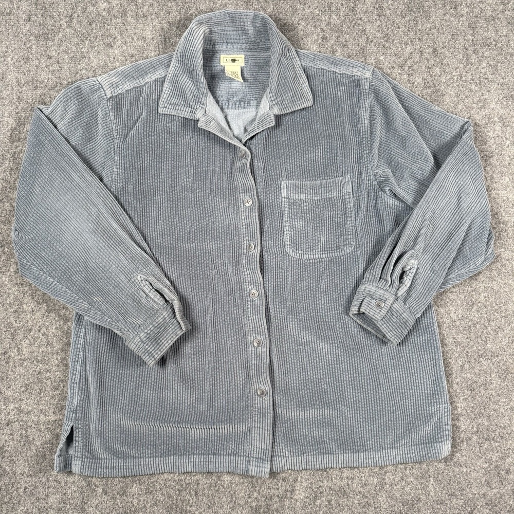 🌲 LL Bean Womens Large Reg Corduroy Button Front Shirt Shacket Gray Blue Cotton
